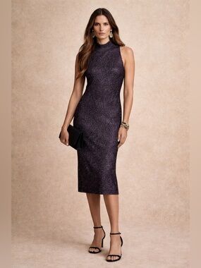 Silk Metallic Sleeveless Mock neck Dress Large with matching cardigan set